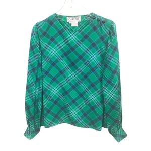 Vintage Carlisle 100% Silk‎ Green Plaid Blouse